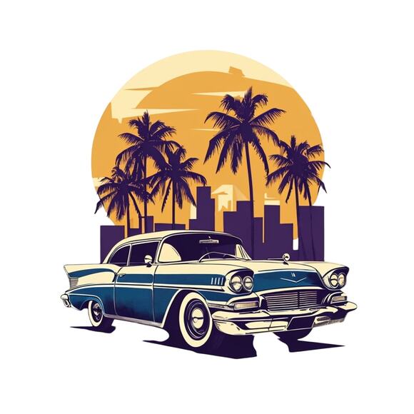 Wall Art Print - Classic Car with Sunset - Decor Work Bedroom Office New - Picture 1 of 1